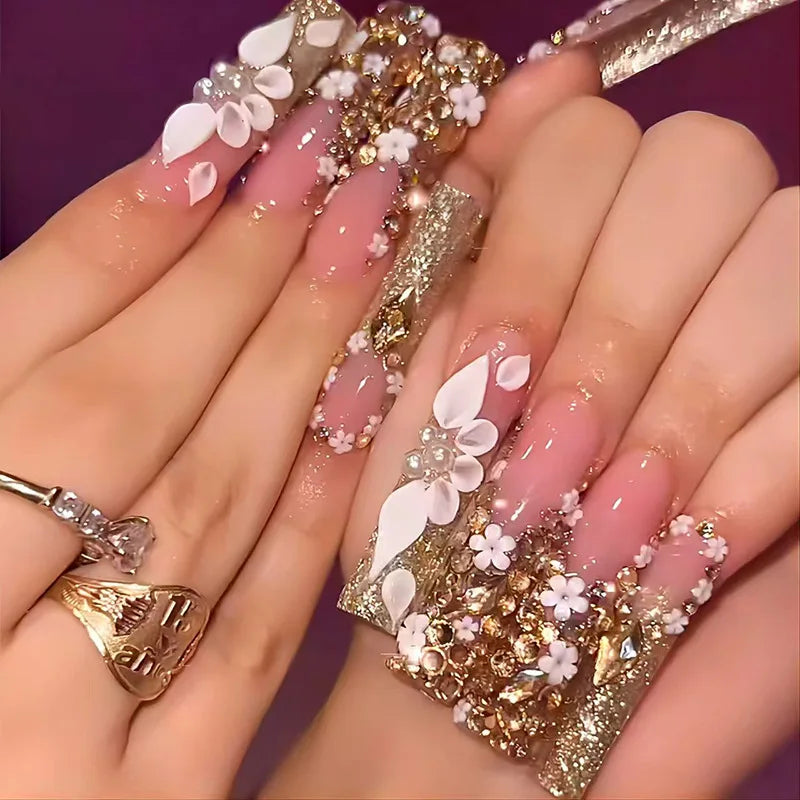 24Pcs Brown Long Coffin False Nails Glitter Ballet Wearable with French Design Fake nails Full Press on Nail Ins Nail Tips Art