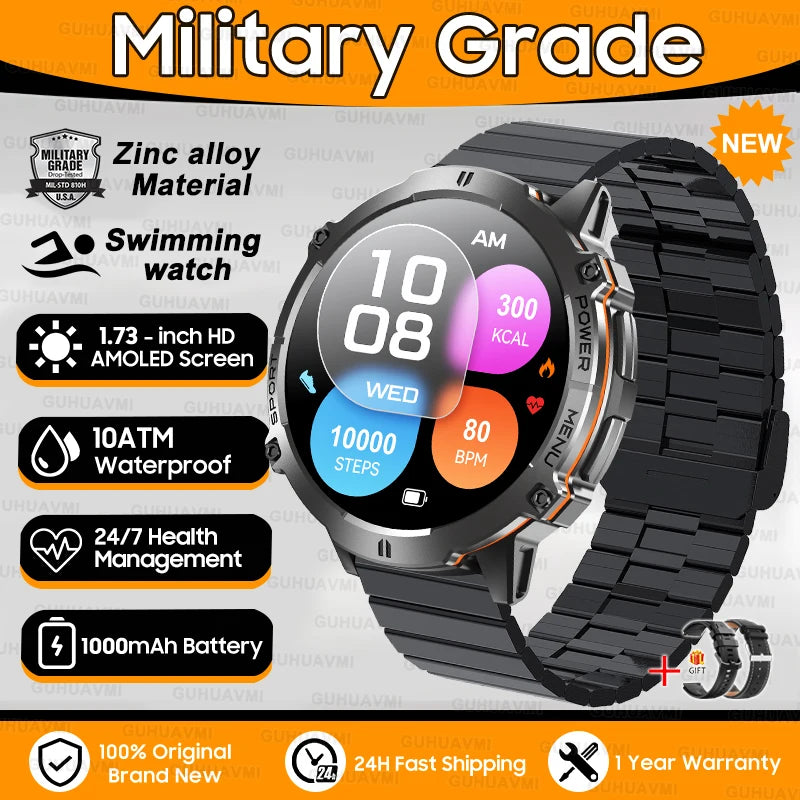 2025 New T-Rex3 1000mAh Battery Sports SmartWatch 1.73" AMOLED Screen 10ATM Waterproof Compass Altimeter Military Smartwatch Men