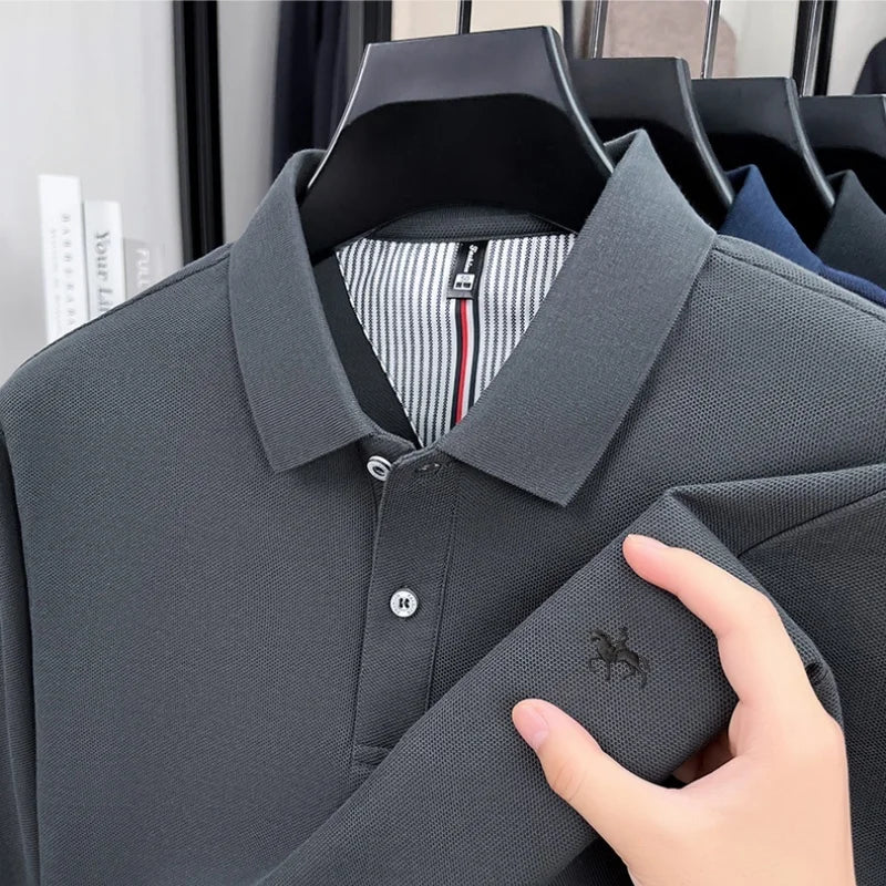 100% cotton trendy fashion spring and autumn new comfortable polo shirt men's exquisite brand pony embroidered long sleeved top