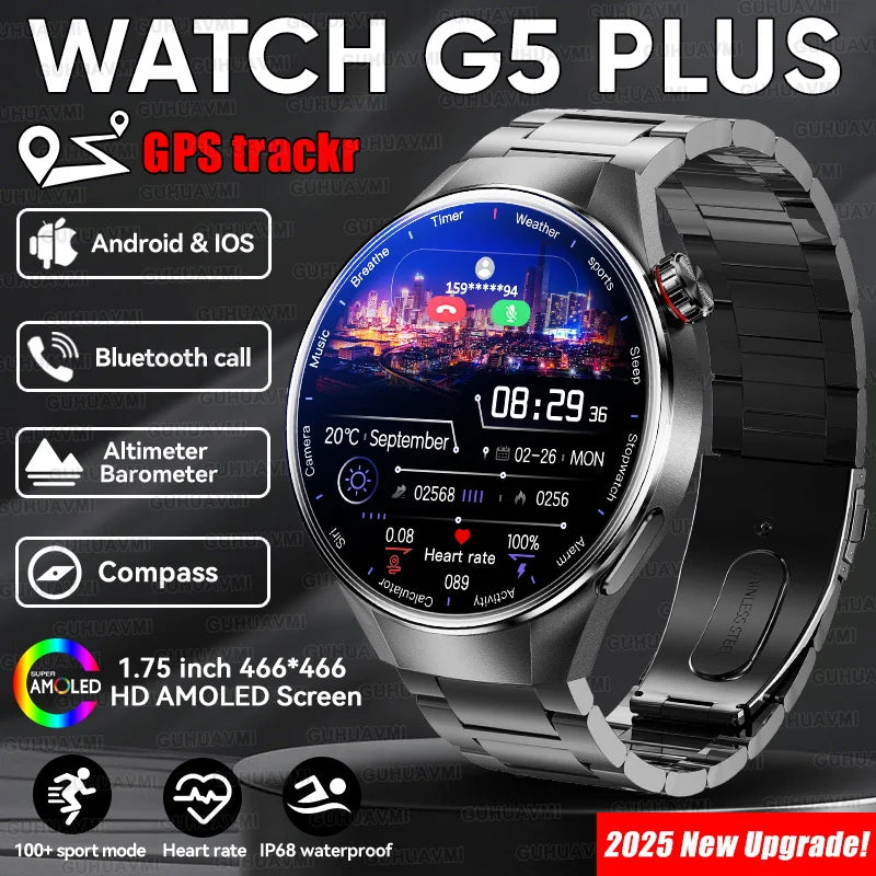 2025 New Watch G5 Plus Sports Smart Watch Men 466*466 AMOLED Screen IP68 Waterproof GPS trackr Compass Bluetooth Call Smartwatch