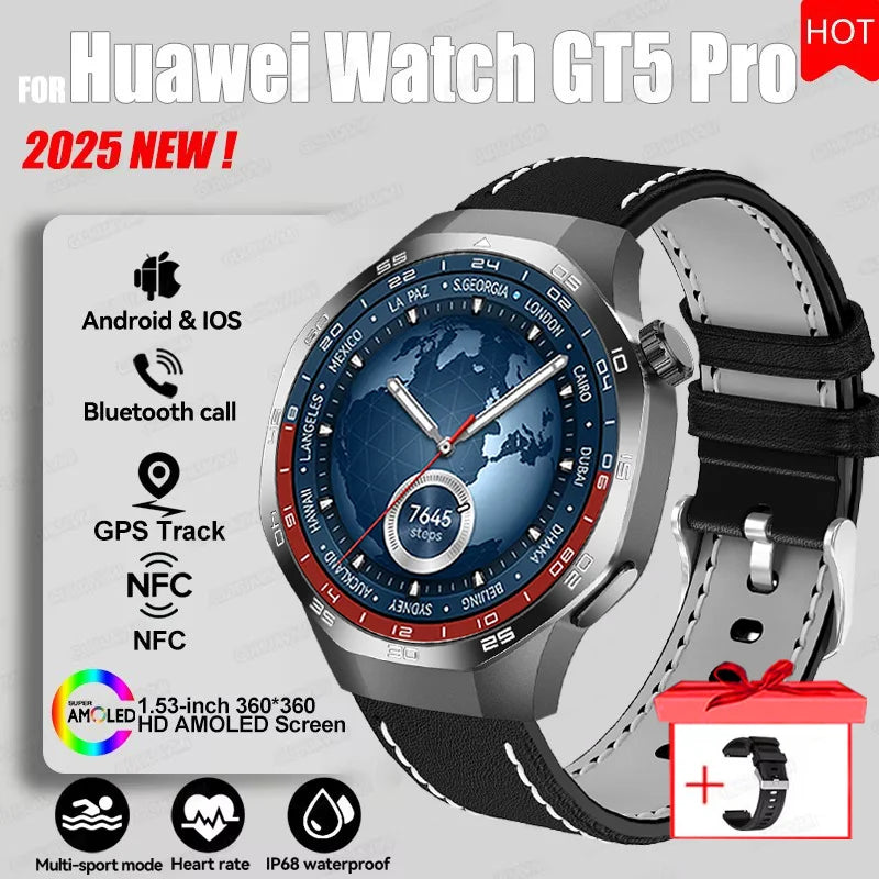 2025 For HUAWEI GT5 Pro GPS Track Smart Watch Men 360*360 AMOLED Screen NFC BT Call Waterproof Health Monitor Man Smartwatches