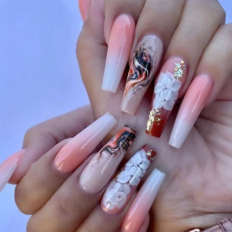 24Pcs Brown Long Coffin False Nails Glitter Ballet Wearable with French Design Fake nails Full Press on Nail Ins Nail Tips Art