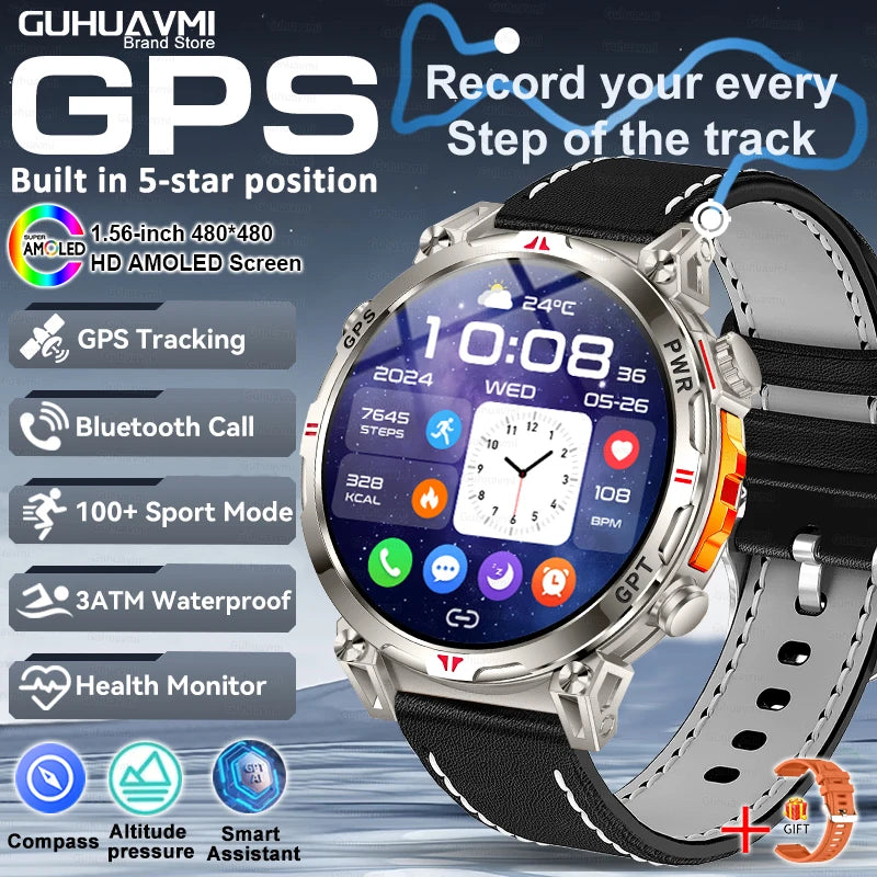 2025 New GPS Smart Watch AMOLED Screen 3ATM Waterproof Fitness tracking Heart Rate BT Call Professional Sports Smartwatch 650Mah