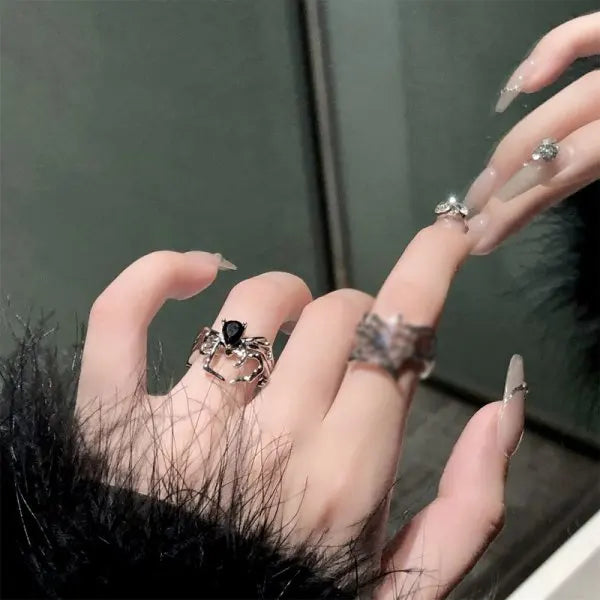 Halloween Creative Black Spider Opening Ring For Women Crystal Irregular Dark Animal Bat Ghost Gothic Finger Rings Party Jewelry