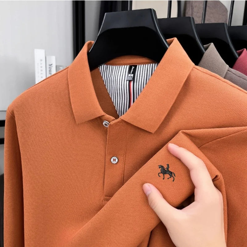 100% cotton trendy fashion spring and autumn new comfortable polo shirt men's exquisite brand pony embroidered long sleeved top