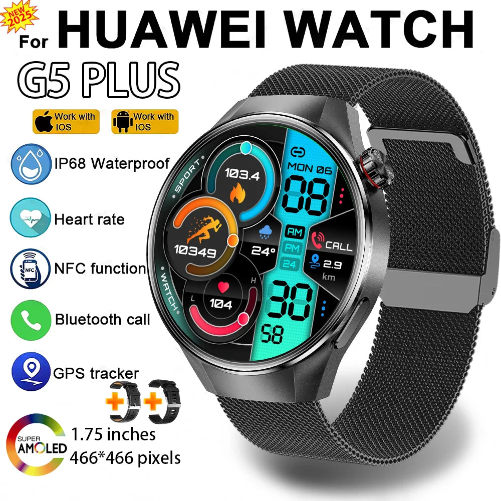 2025 New Watch G5 Plus GPS NFC Smart Watch Men Women 466*466 AMOLED Screen Heart Rate Bluetooth Call IP68 Waterproof Smartwatch