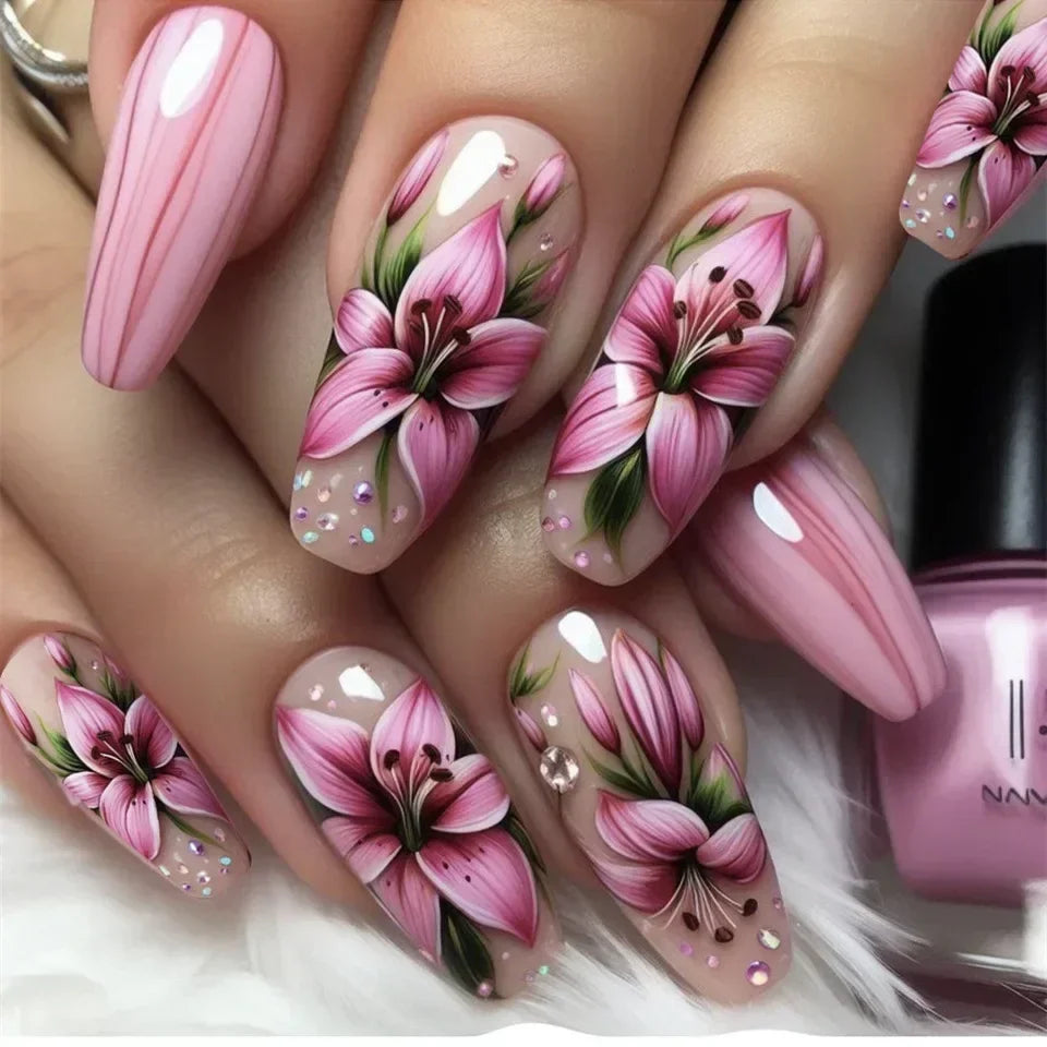 24Pcs Brown Long Coffin False Nails Glitter Ballet Wearable with French Design Fake nails Full Press on Nail Ins Nail Tips Art