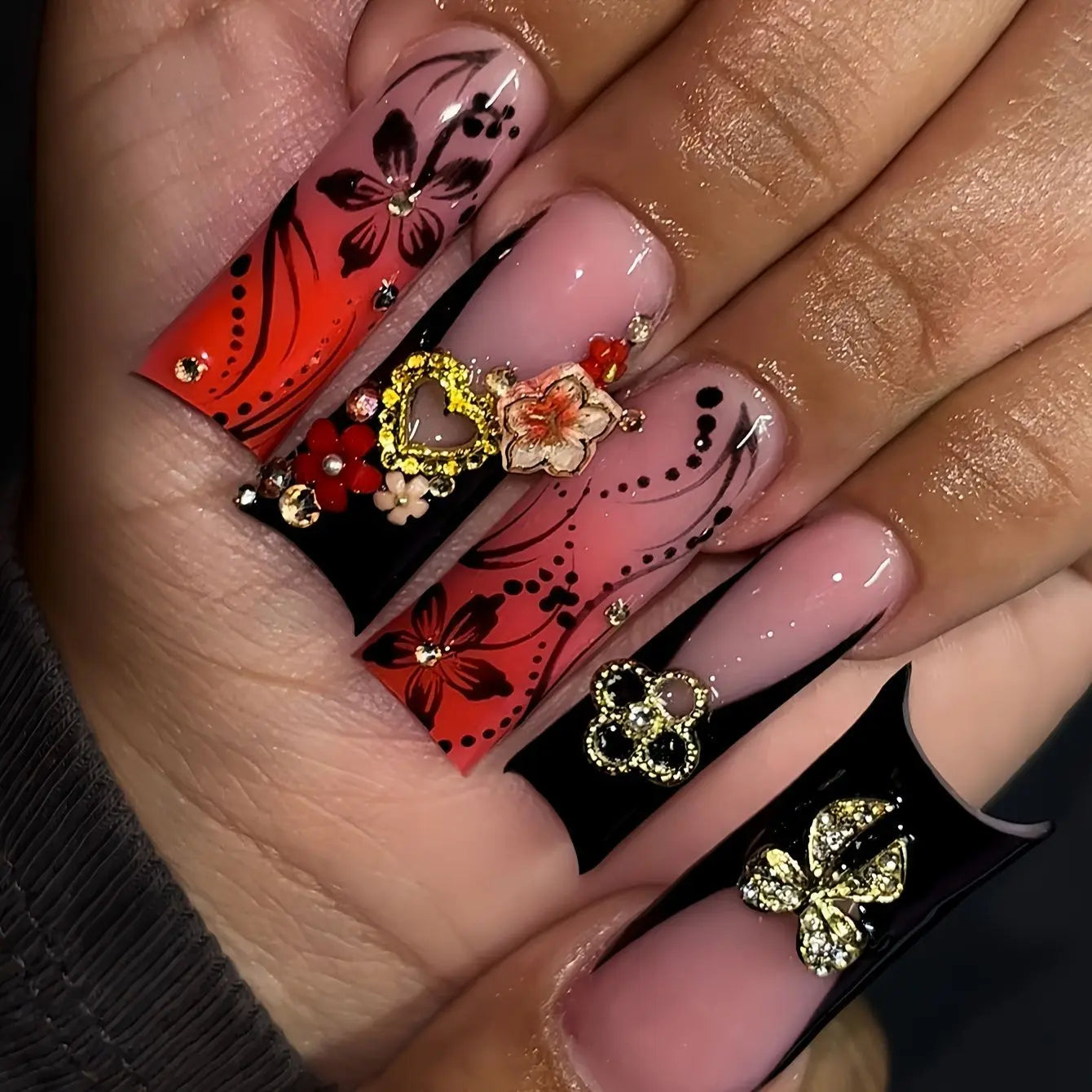 24Pcs Brown Long Coffin False Nails Glitter Ballet Wearable with French Design Fake nails Full Press on Nail Ins Nail Tips Art