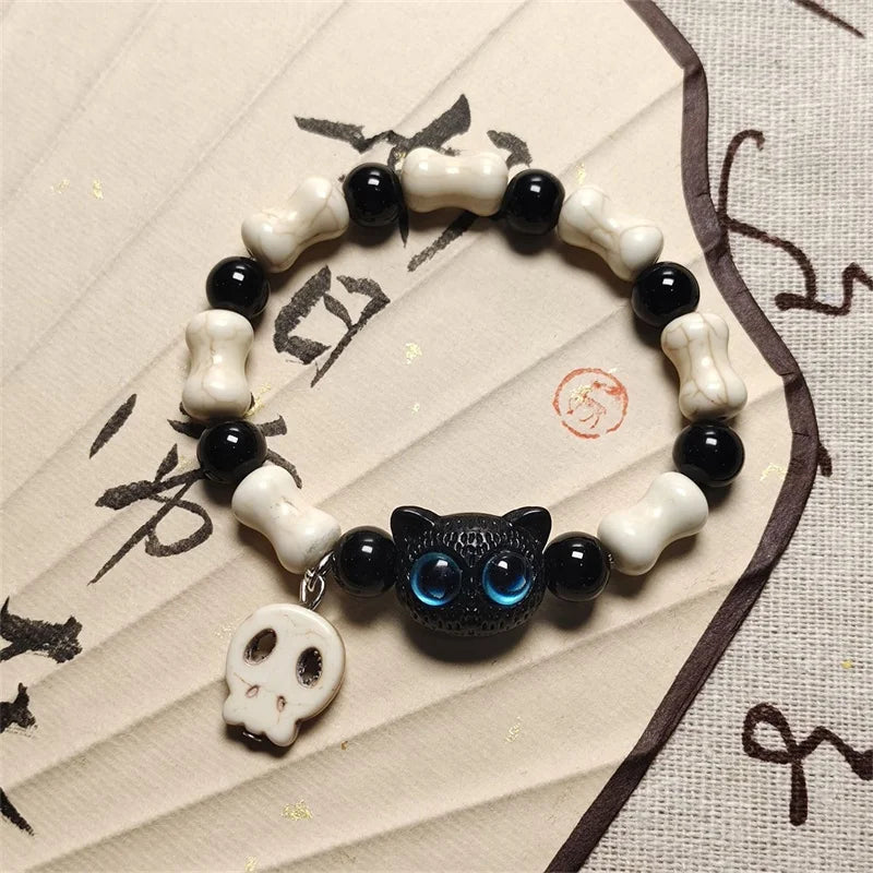 Handmade Adjustable Big Eye Cat Bracelet For Women Men Charm Luminous Beads Pet Bracelet Fashion Halloween Gothic Jewelry