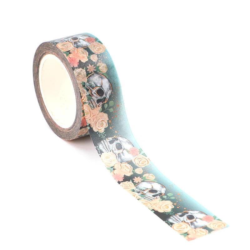 1PC. 10M Decorative Gold Foil Rose and Skull Halloween Washi Tape Kawaii Journal material Masking Tape Journaling Stationery