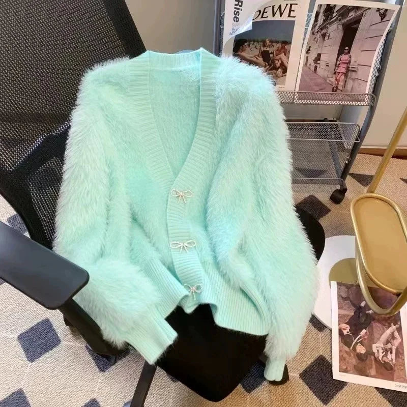 2025 Spring Autumn Women's Sweater Cardigan Jacket New Loose V-neck Imitation Mink Fur Sweater Jacket Female Knitted Tops Coat