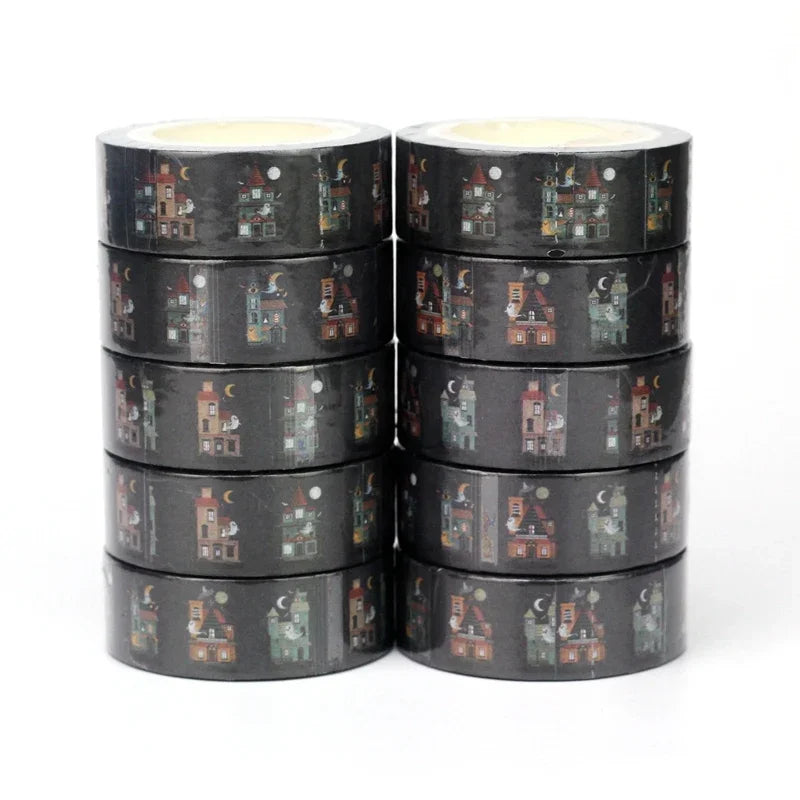 1pc 10M Deco Bat Rose Skull Black Cat Haunted House Halloween Masking Washi Tape Set for Scrapbooking Cute Journal Stationery