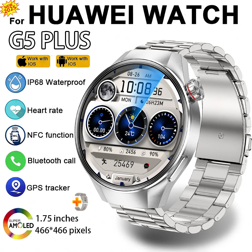 2025 New Watch G5 Plus GPS NFC Smart Watch Men Women 466*466 AMOLED Screen Heart Rate Bluetooth Call IP68 Waterproof Smartwatch