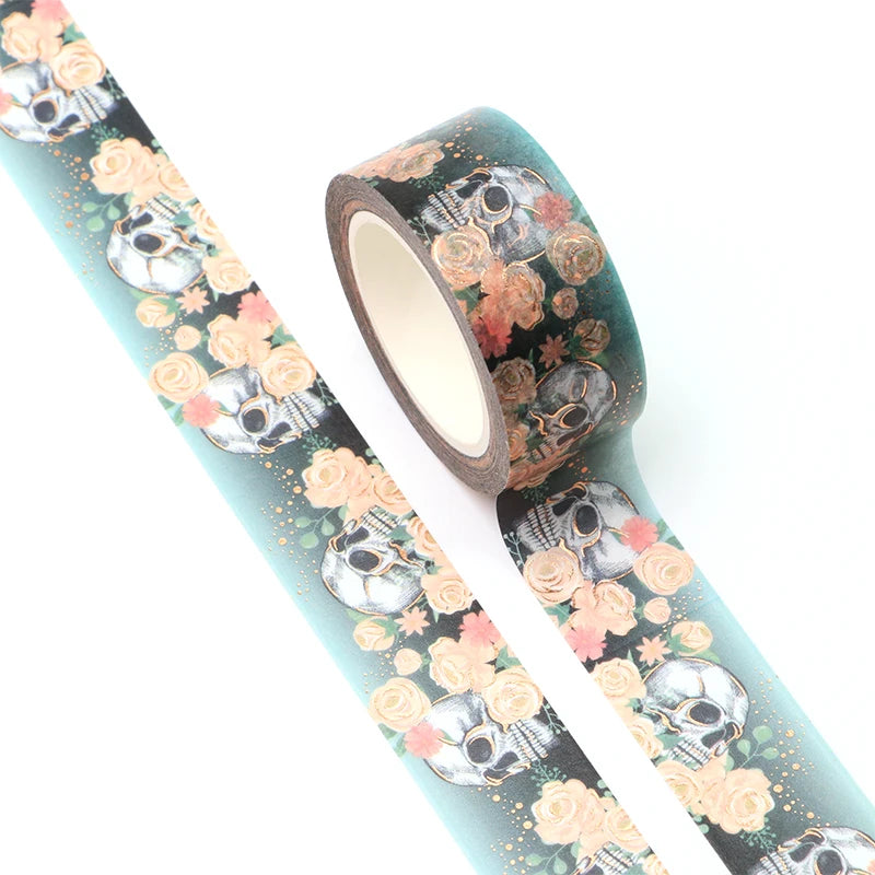1PC. 10M Decorative Gold Foil Rose and Skull Halloween Washi Tape Kawaii Journal material Masking Tape Journaling Stationery
