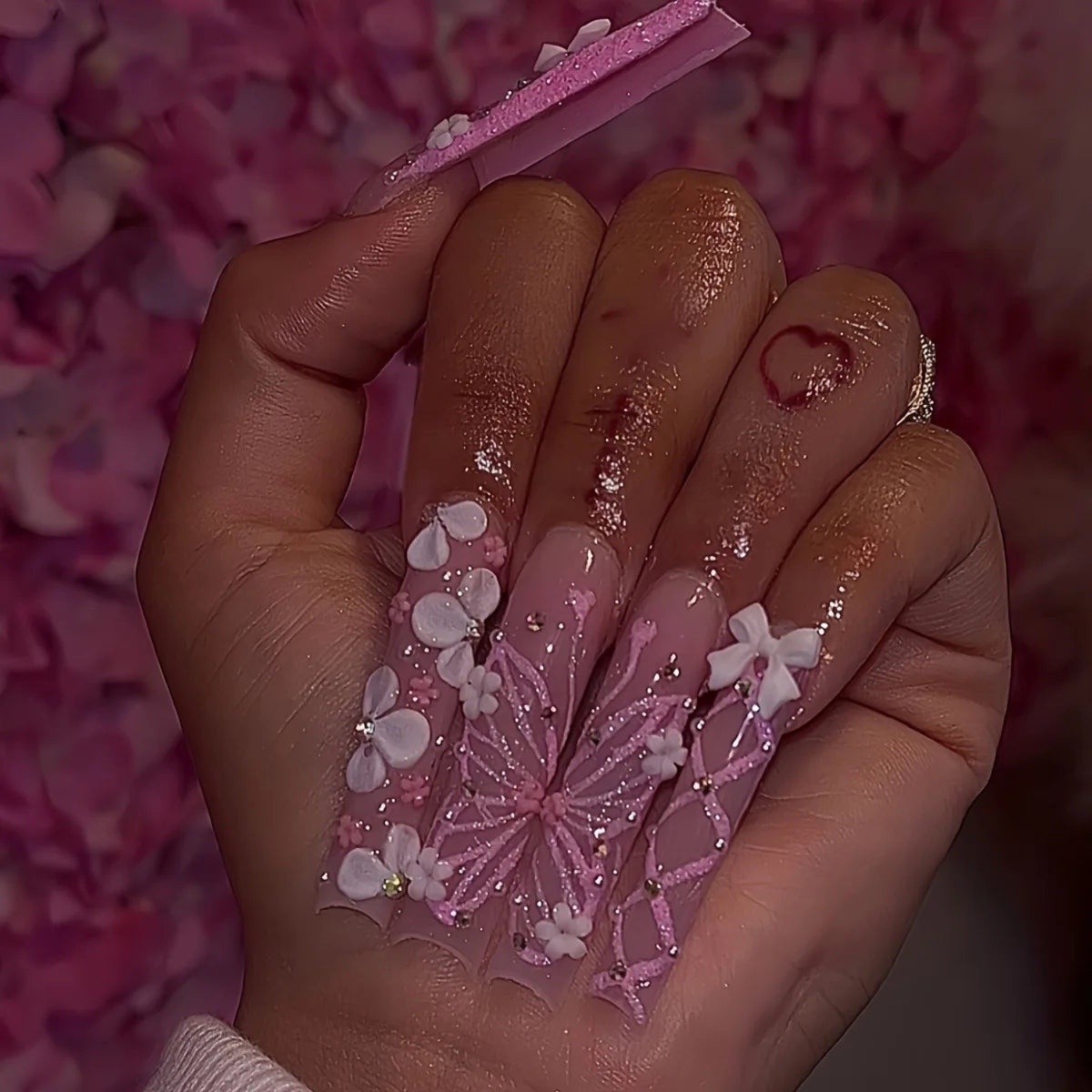 24Pcs Brown Long Coffin False Nails Glitter Ballet Wearable with French Design Fake nails Full Press on Nail Ins Nail Tips Art
