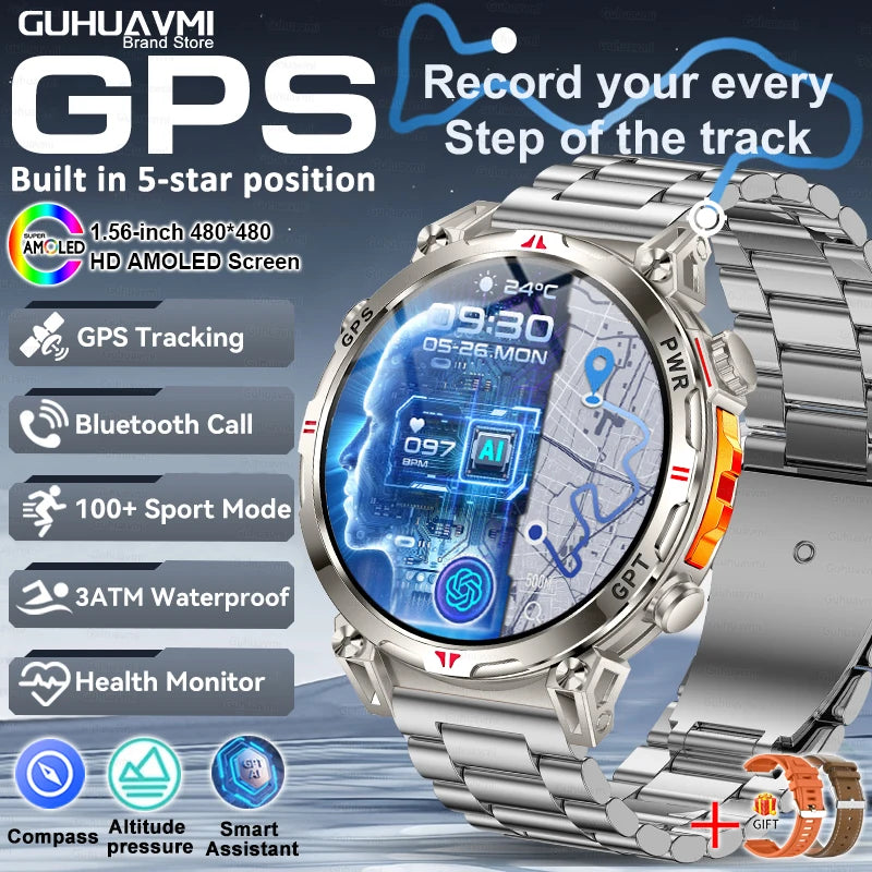 2025 New GPS Smart Watch AMOLED Screen 3ATM Waterproof Fitness tracking Heart Rate BT Call Professional Sports Smartwatch 650Mah