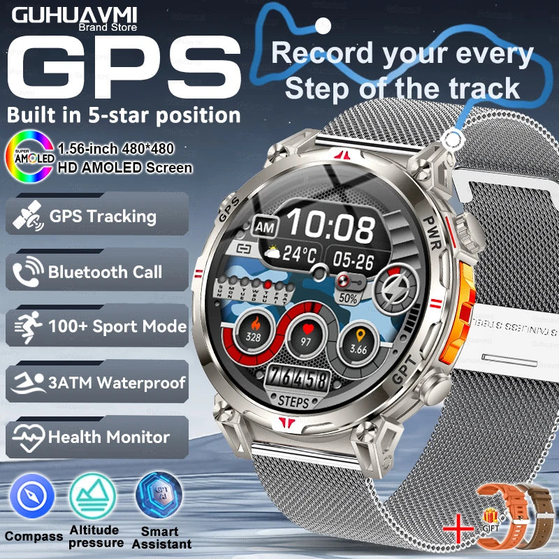 2025 New GPS Smart Watch AMOLED Screen 3ATM Waterproof Fitness tracking Heart Rate BT Call Professional Sports Smartwatch 650Mah