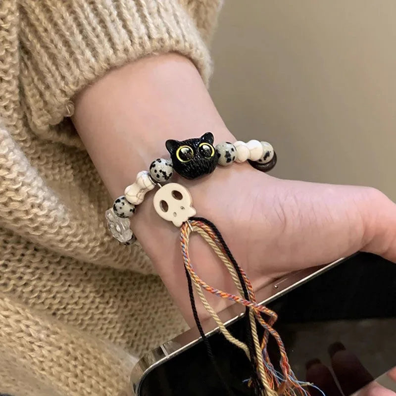 Handmade Adjustable Big Eye Cat Bracelet For Women Men Charm Luminous Beads Pet Bracelet Fashion Halloween Gothic Jewelry