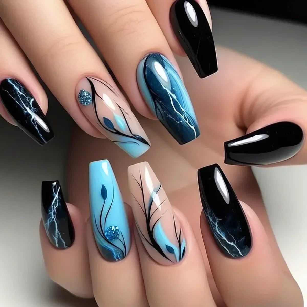 24Pcs Brown Long Coffin False Nails Glitter Ballet Wearable with French Design Fake nails Full Press on Nail Ins Nail Tips Art