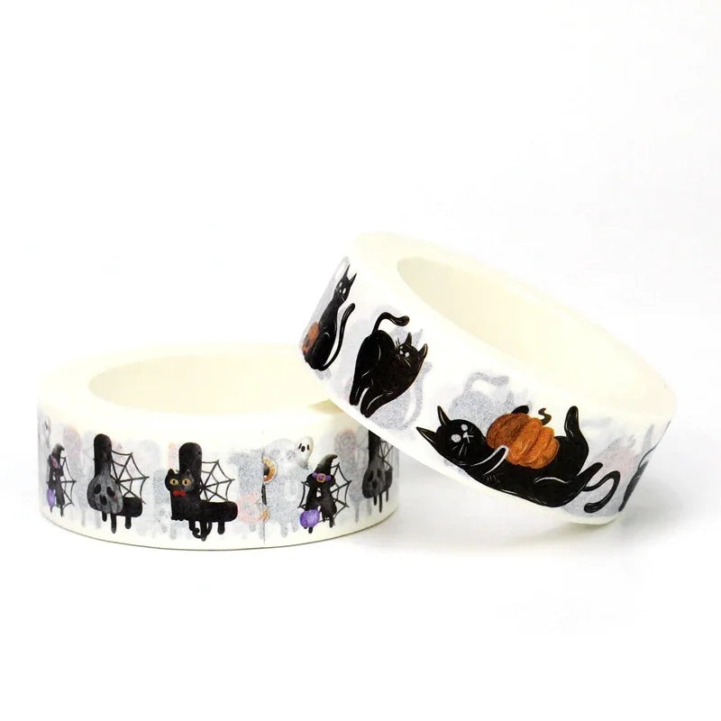 1pc 10M Deco Bat Rose Skull Black Cat Haunted House Halloween Masking Washi Tape Set for Scrapbooking Cute Journal Stationery