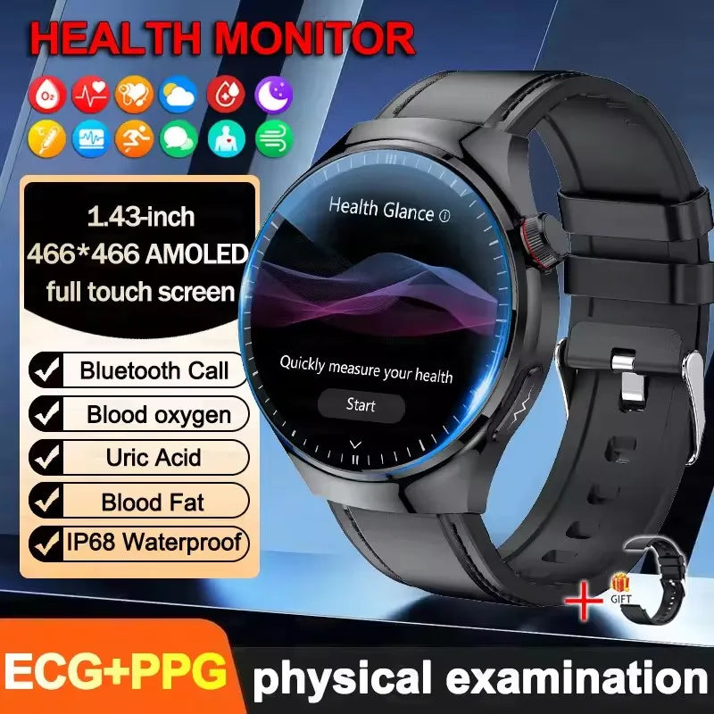 2025 New ECG Blood Pressure Blood Oxygen Blood Lipids Uric Acid Heart Rate Temperature Monitor AMOLED Bluetooth Call Smart Watch