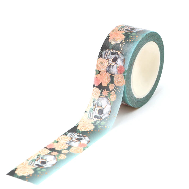 1PC. 10M Decorative Gold Foil Rose and Skull Halloween Washi Tape Kawaii Journal material Masking Tape Journaling Stationery